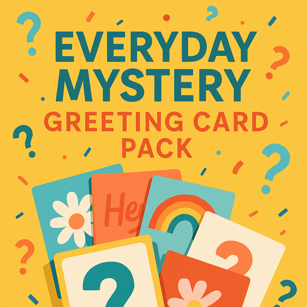 Greeting card pack with colorful cards and question marks on a yellow background
