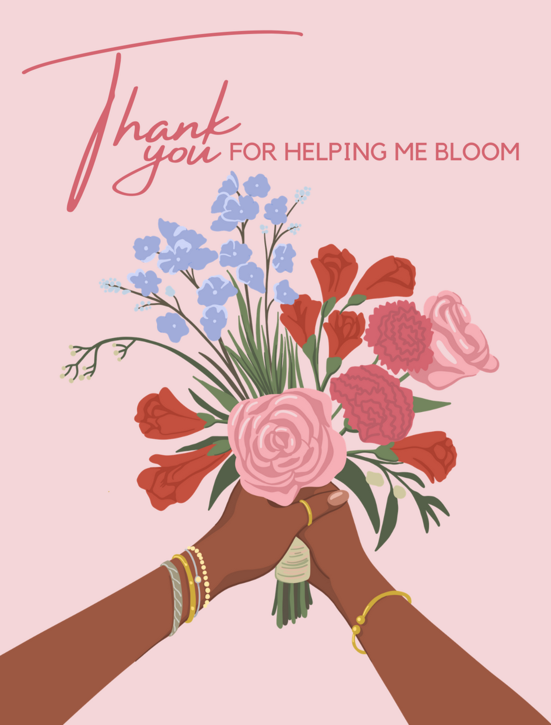 thank you for helping me bloom card with woman passing flowers